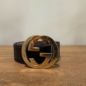Auth Gucci Leather Monogram GG Belt sz 85